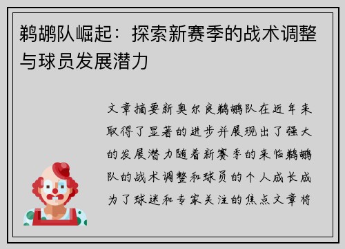 鹈鹕队崛起：探索新赛季的战术调整与球员发展潜力