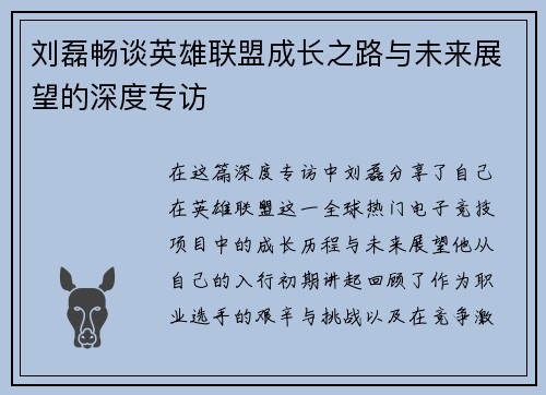 刘磊畅谈英雄联盟成长之路与未来展望的深度专访